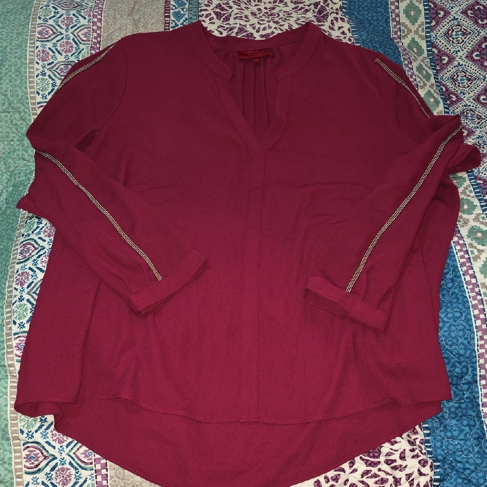 Jennifer Lopez Red Relaxed Mandarin Collar Blouse